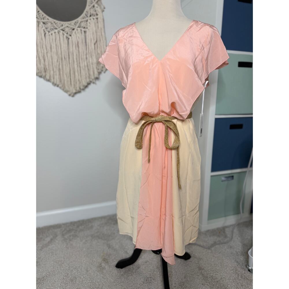 Vintage y2k 2000s Pink Peach Gold Bow 100% Silk Ruffle Coquette Mini Dress 8 NWT